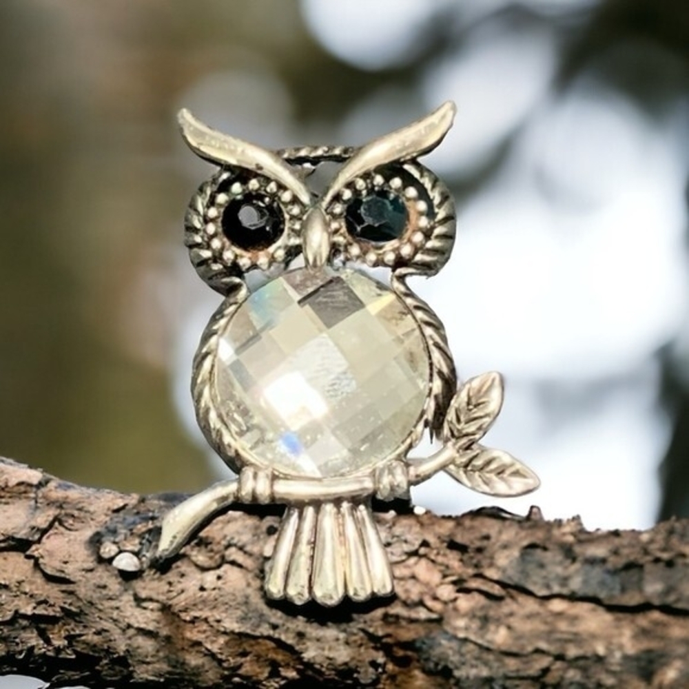 Vintage Rhinestone Owl Brooch Pin 1.75"x1.25" Black Crystal Eyes Collectible VG